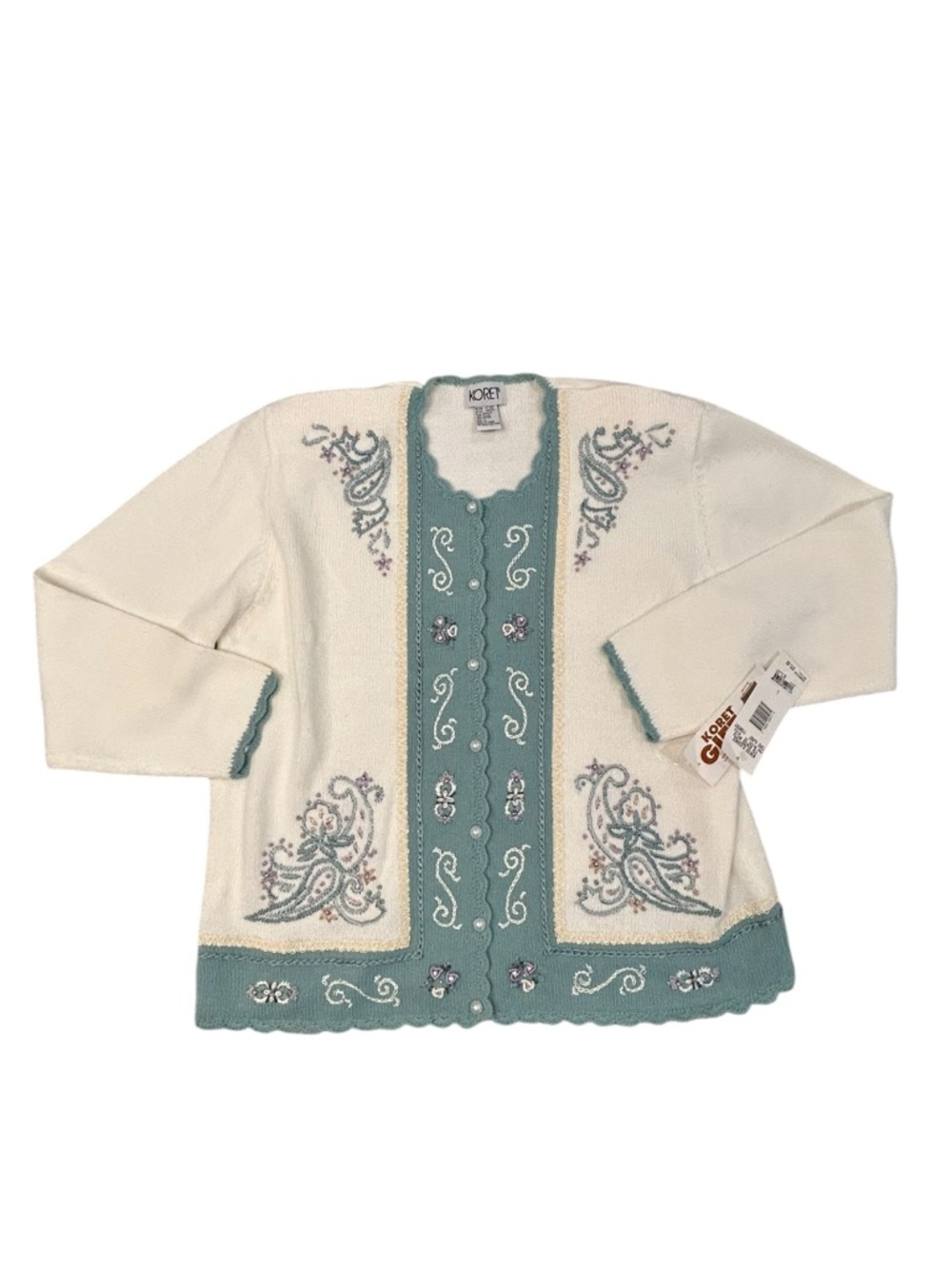 Koret Vintage 90s Cream Knit Sweater NWT Paisley Embroidered Floral L Grandma